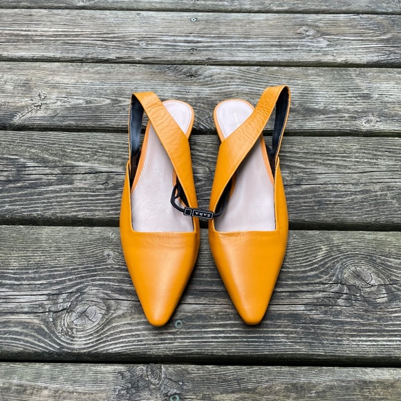 Shoes: Zara Orange Pointy Toe Slingback Flats with Mini Kitten Heel (Women's 9) - Picture 1 of 6